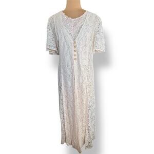 Vintage Baby Pink Lace Panels Floral Dress Pearl Buttons Back Tie Short Sleeve